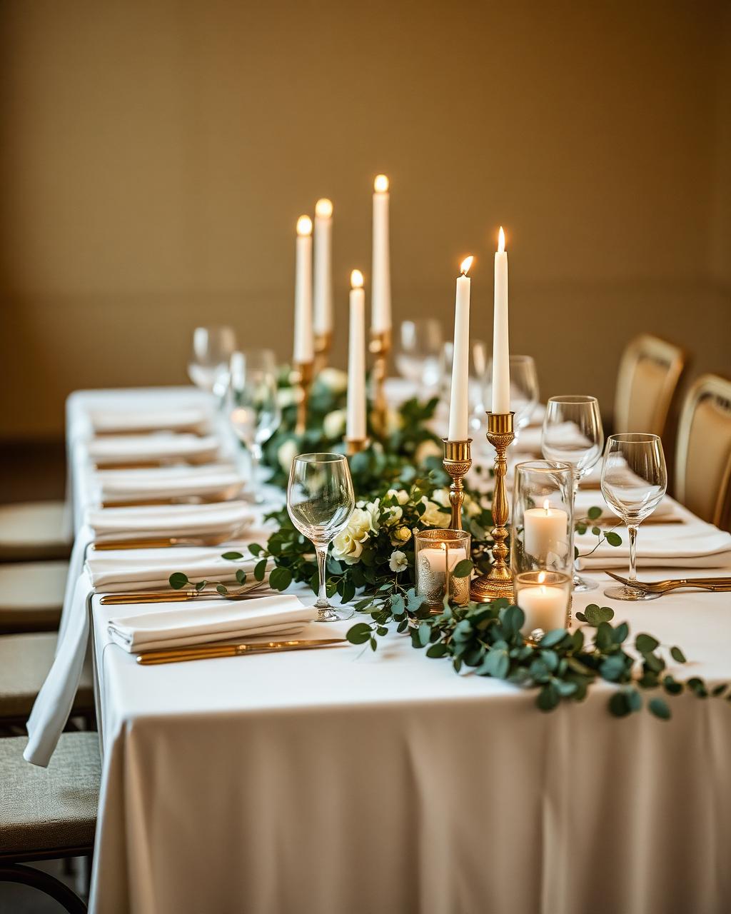 Mesa de banquete con velas y eucalipto