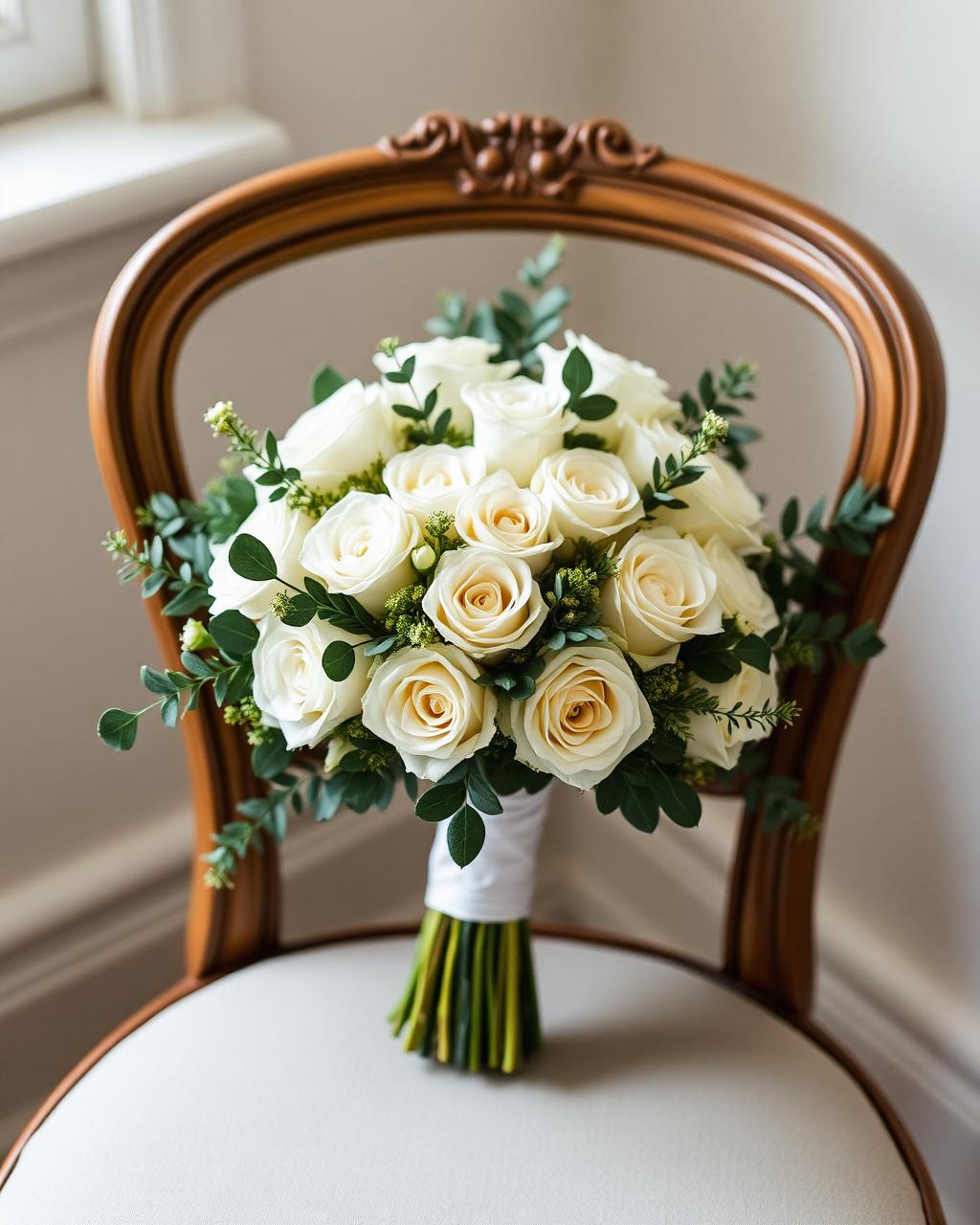 Ramo de novia de rosas blancas sobre silla vintage