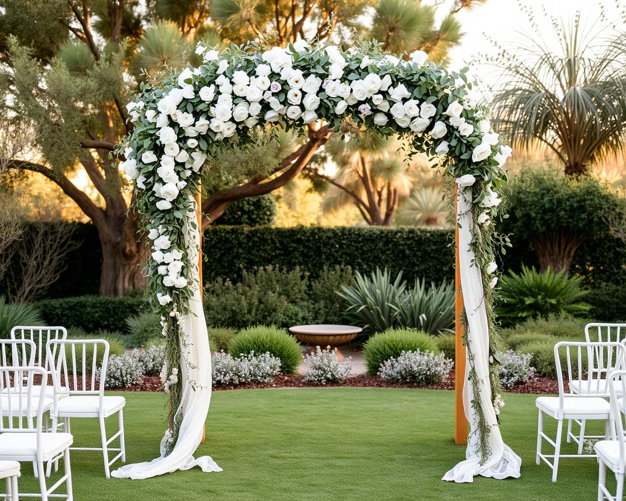Arco floral de boda al aire libre con rosas blancas