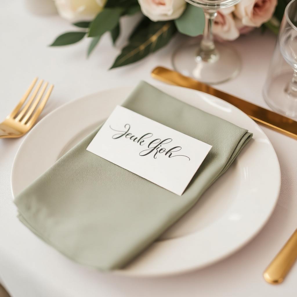 Servicio de mesa con tarjeta caligrafiada y servilleta sage