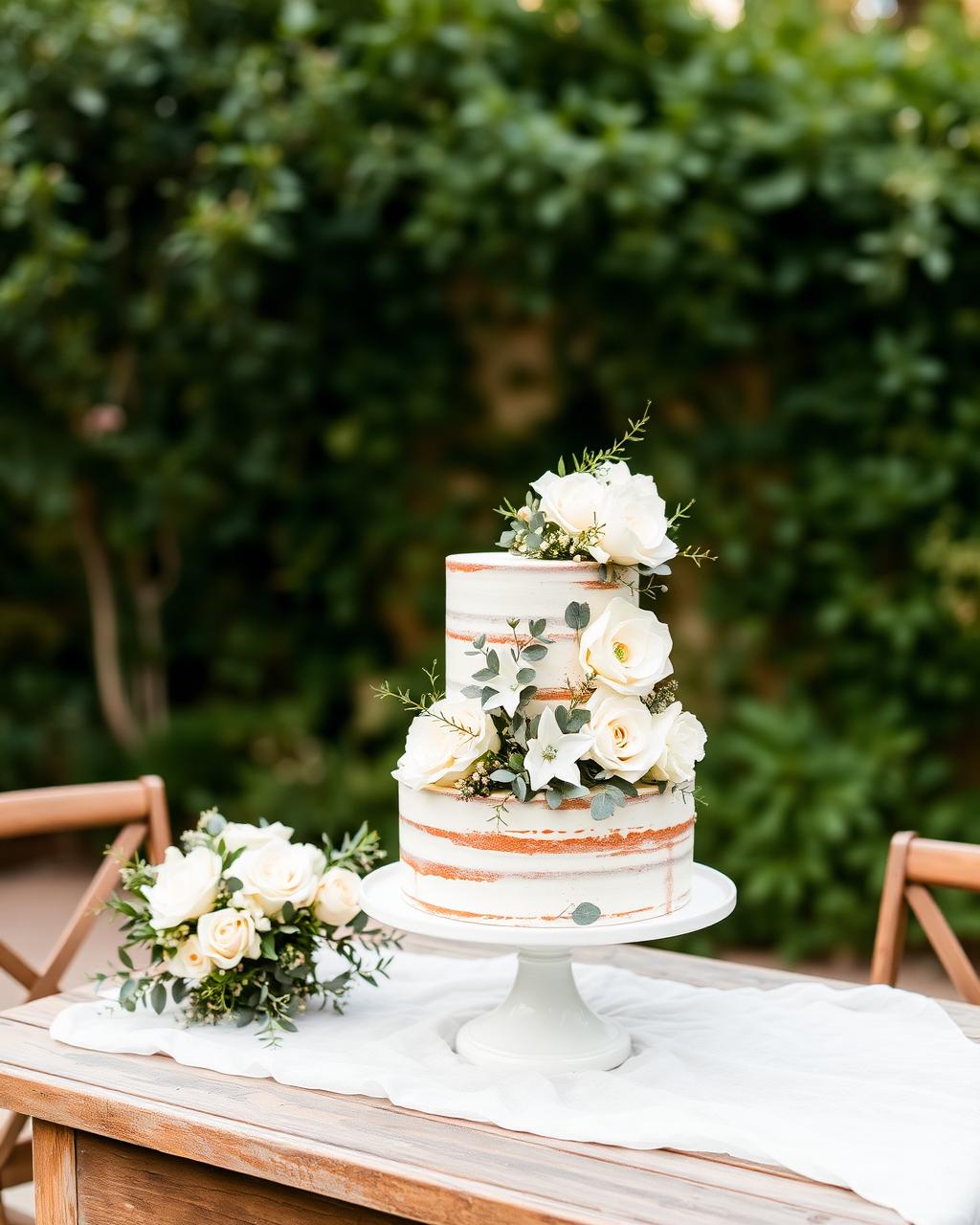 Tarta de boda con flores blancas en jardín