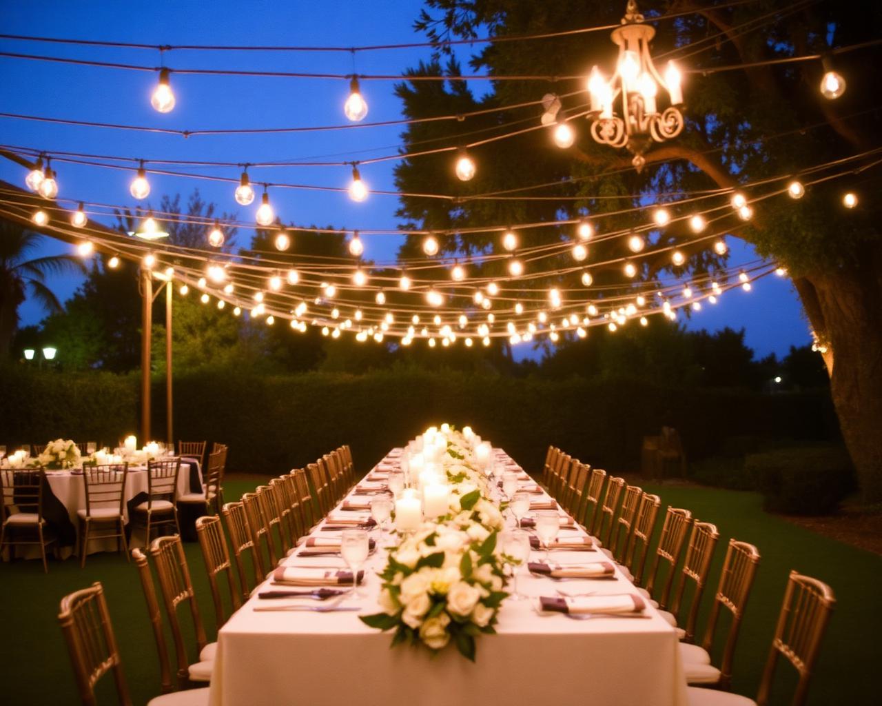 Banquete bajo guirnaldas de luces al atardecer